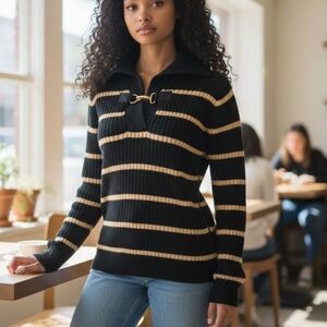 Lauren Ralph Lauren Black Gold Metallic Stripe Sweater Large